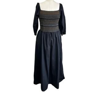 Old Navy Cottagecore Black Smocked Bodice Maxi Dress 100% Cotton Size L Tall